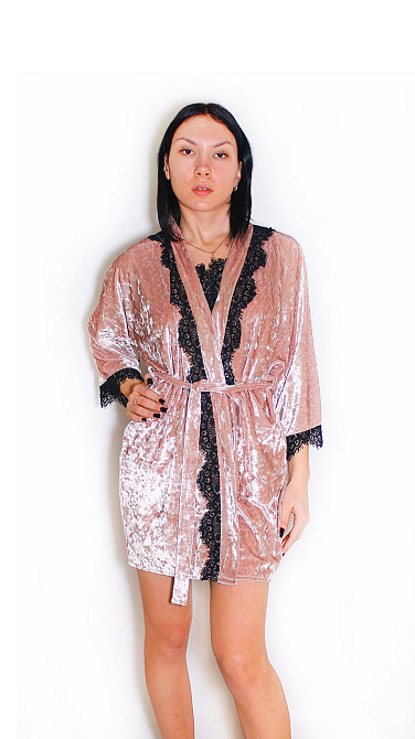 Халат жіночий із мармурового велюру під пояс Пудровий XS/S Харків - фото 4