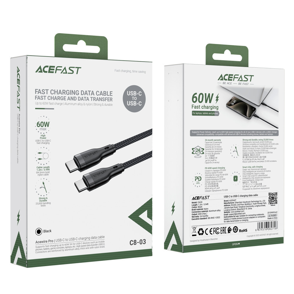 Кабель ACEFAST C8-03 USB-C - USB-C charging data cable Black 6974316282716 Одесса - изображение 2