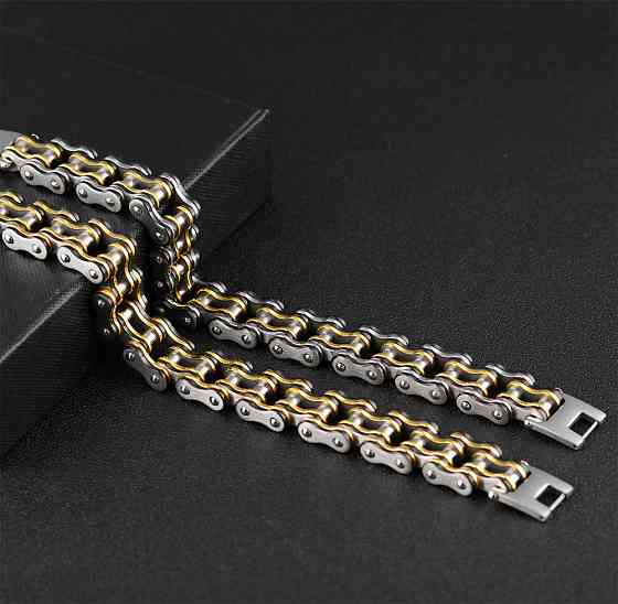 Чоловічий браслет RESTEQ з нержавіючої сталі у вигляді мотоциклетного ланцюга, чорний-золото-сріблястий Київ