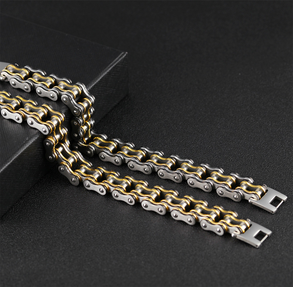 Чоловічий браслет RESTEQ з нержавіючої сталі у вигляді мотоциклетного ланцюга, чорний-золото-сріблястий Київ - фото 5