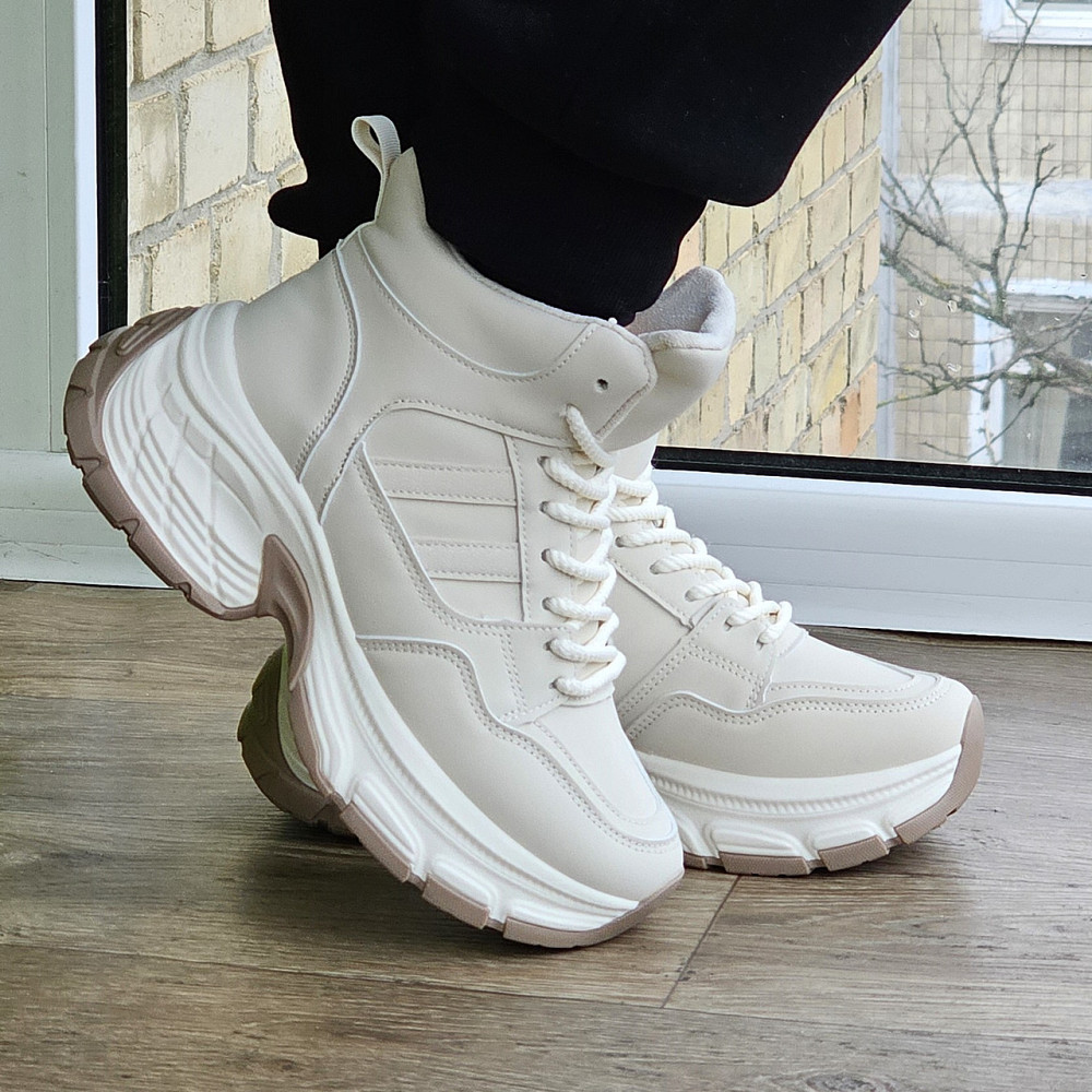 Зимові жіночі Бежеві Кросівки з МЕХОМ на Толстой Підошві Танкетке Ботинки Шкіряні Світлі (розміри: 36,37,38,39) Дніпро - фото 1