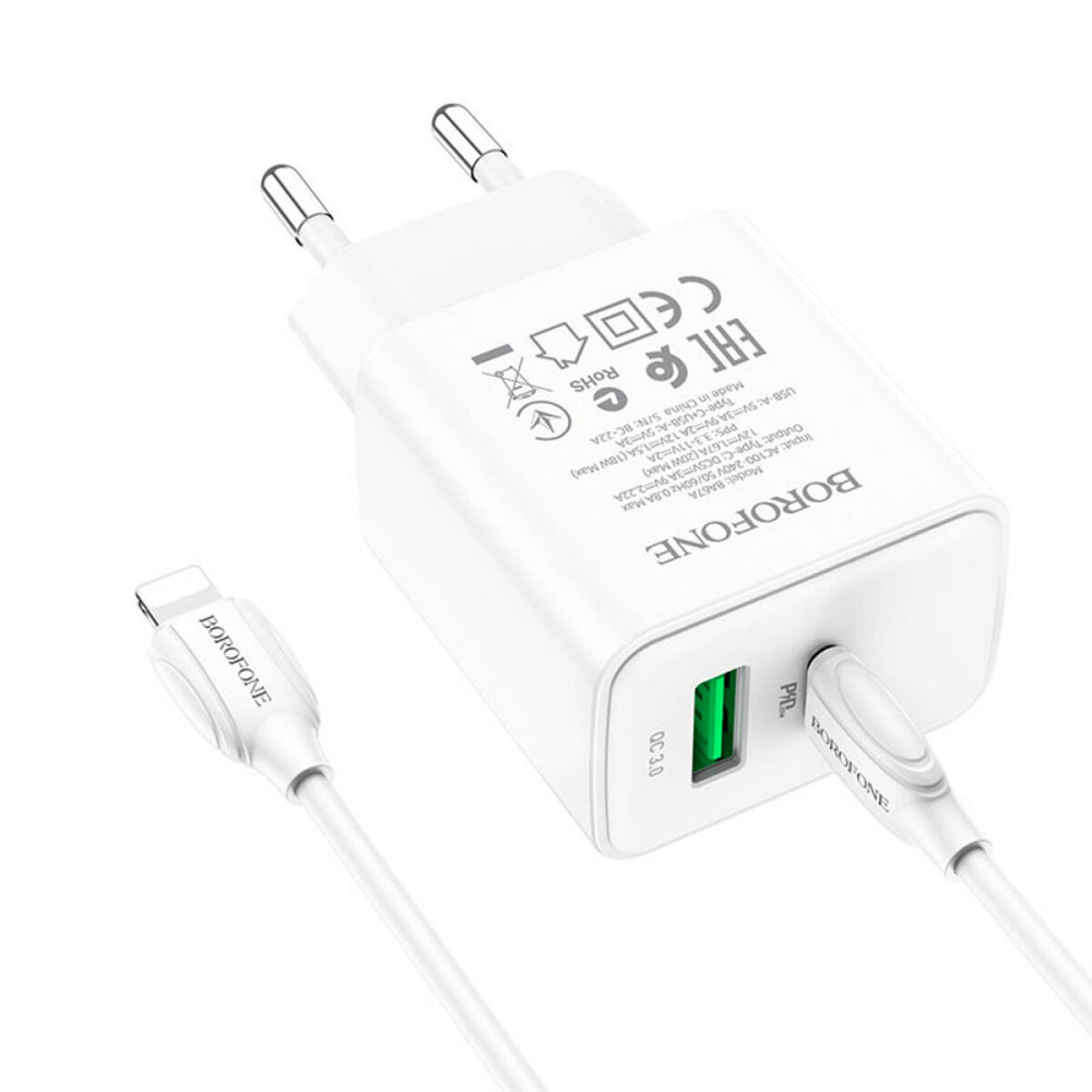 Мережевий зарядний пристрій BOROFONE BA67A PD20W+QC3.0 charger set(Type-C to iP) White Київ - фото 2