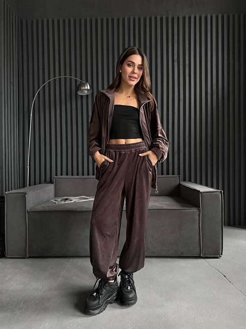 Жіночий прогулянковий костюм-двійка: кофта та штани з турецького велюру Шоколад, 46/48 Одеса - фото 1