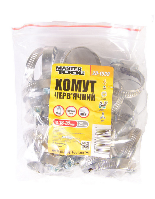 MASTERTOOL Хомут черв'ячний MASTERTOOL German type W2 DIN 3017 9.0 мм Ø 18-32 мм 25 шт 20-1939 Коломия - фото 4