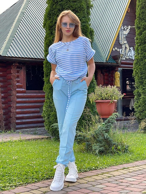 Летний костюм-двойка с суперсофтом и вставкой жатка, свободный крой, голубой, размер 42/44 Лубны - изображение 7
