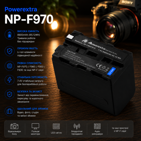 Аккумулятор Powerextra NP-F970 / NP-F960 / NP-F950 / NP-F930 8800 мАч для камер Sony, Li-ion Киев