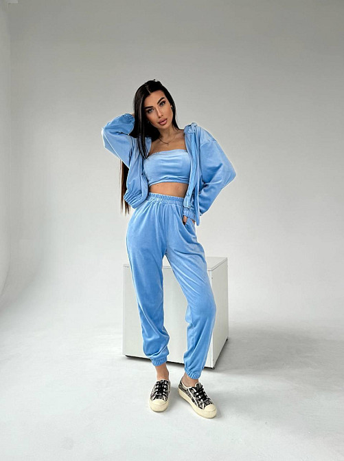 Жіночий плюшевий прогулянковий костюм-трійка: кофта топ і штани велюр плюш Блакитний, 44/46 Одеса - фото 1