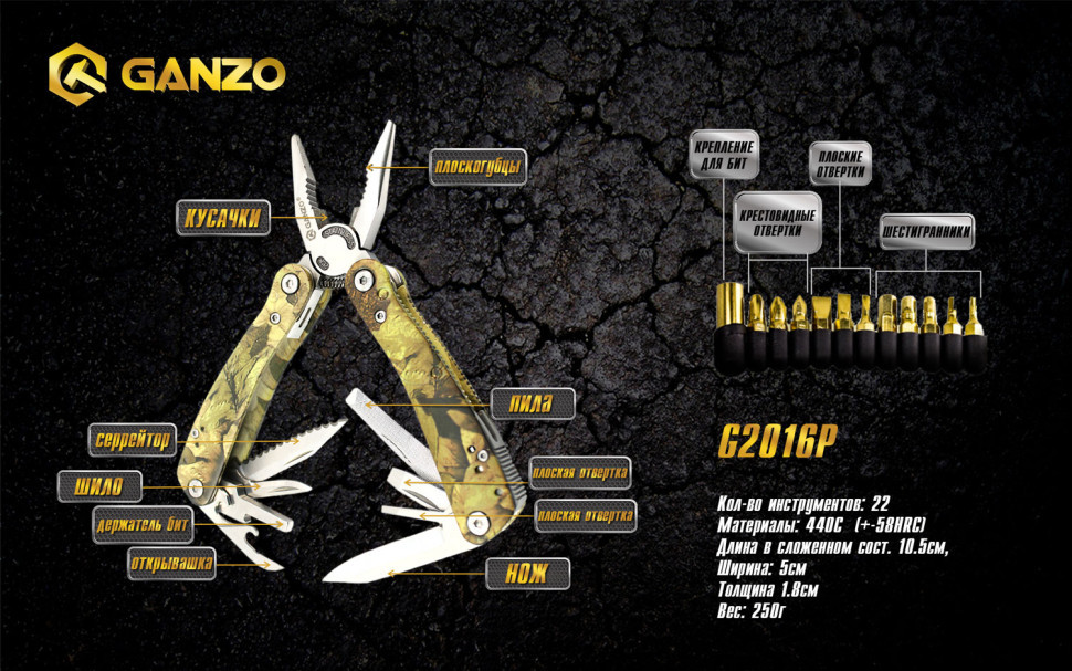 Мультитул Ganzo G107, (16.5 см) 22 функції, камуфляжний + біти та чохол Київ - фото 9