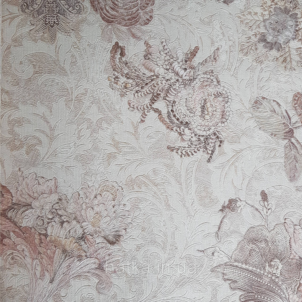 Шпалери метрові вінілові на флізелін Yuanlong Samsara бароко квіти вензель коричневі рожеві на бежевому Київ - фото 1
