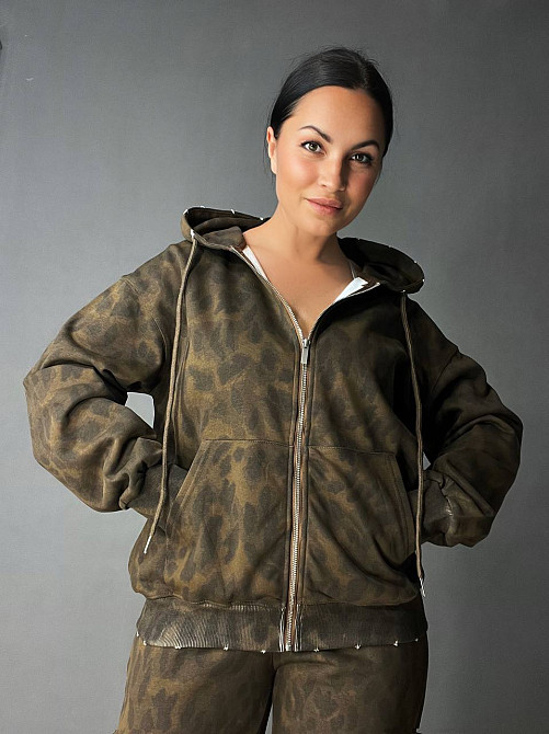 Костюм женский A-N 2749 леопардовый принт худи на молнии с капюшоном и брюки палаццо коричневый, коричневый, L Киев - изображение 3