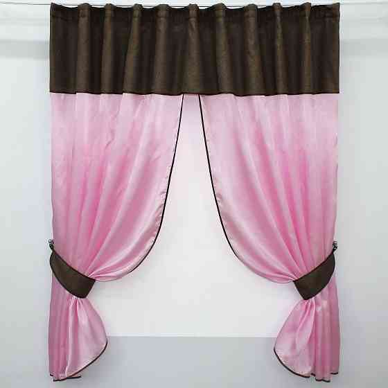 Кухонні штори VR-Textil № 073к з ламбрекеном і підхватами рожевий із коричневим 270х170 см (52-0290) Київ
