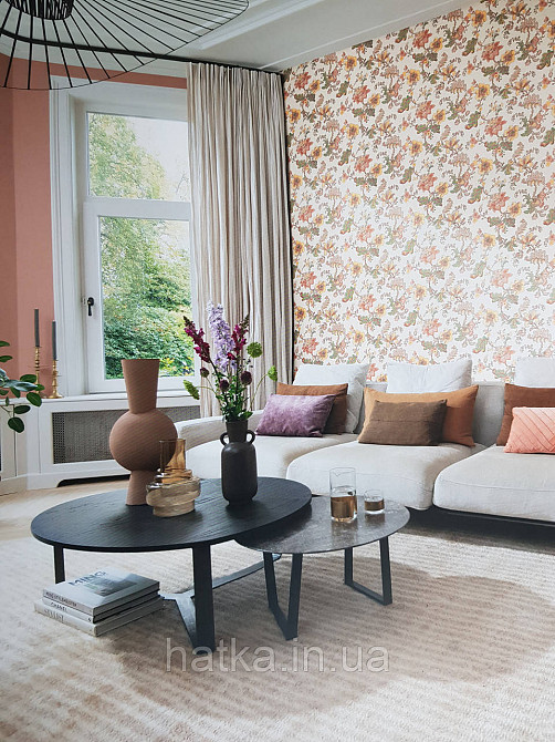 Шпалери флізелінові еко Rasch Sophia 0.53х10 рослинний принт квіти листя бордові жовті на бежевому Київ - фото 1