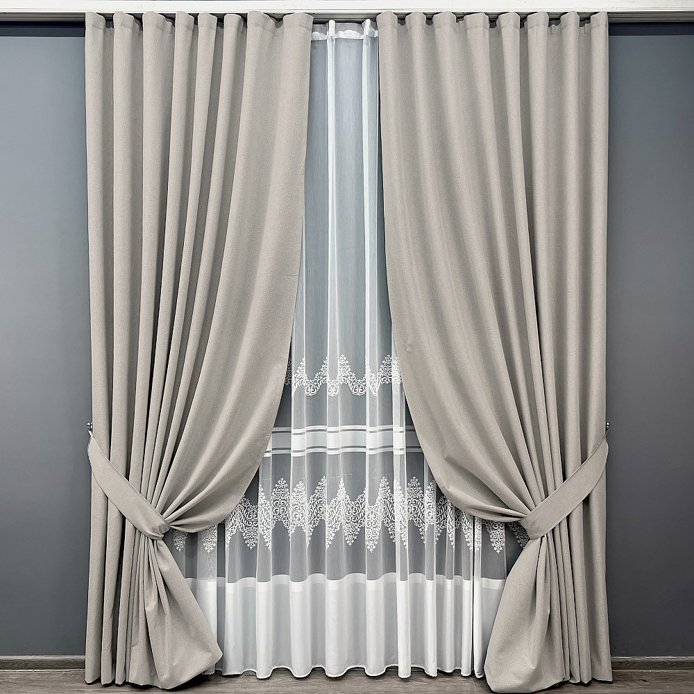 Комплект штор VR-Textil 100% блекаут ASHEN NIGHT 150х270 2шт і Тюль 600х270 1842ш-1704т Попелястий з білим 71-113/5 Київ - фото 1