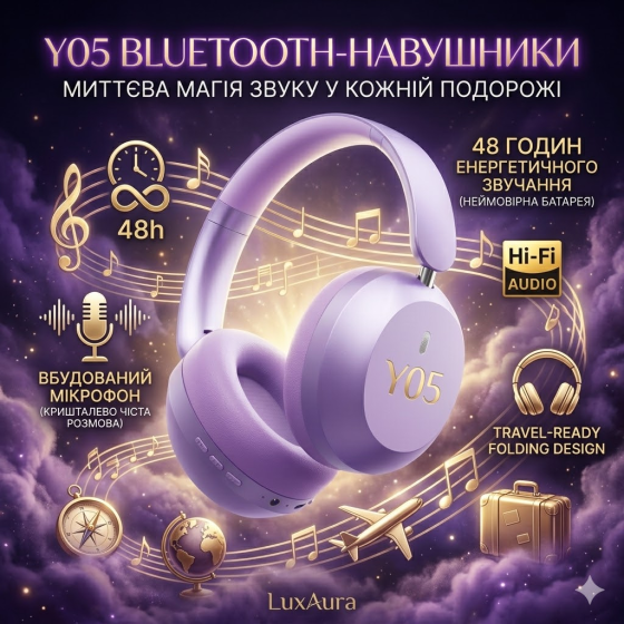 Бездротові навушники Y05 Bluetooth 5.3 з активним шумозаглушенням ANC, до 48 годин, 40 мм, мікрофон, AUX 3.5 мм, фіолетові Київ