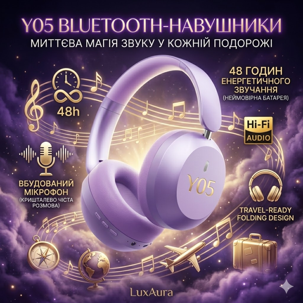 Бездротові навушники Y05 Bluetooth 5.3 з активним шумозаглушенням ANC, до 48 годин, 40 мм, мікрофон, AUX 3.5 мм, фіолетові Київ - фото 1