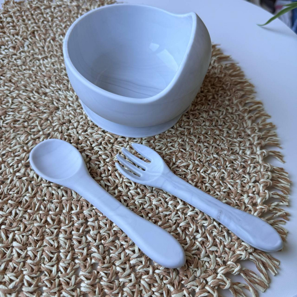 Набор детской силиконовой посуды для детей удобная силиконовая посуда на присосках 9 предметов белый мрамор Киев - изображение 9