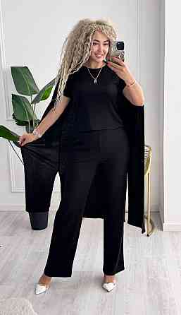Женский базовый прогулочный костюм тройка: кардиган футболка и штаны трикотажный рубчик Черный, 50/52 Одесса