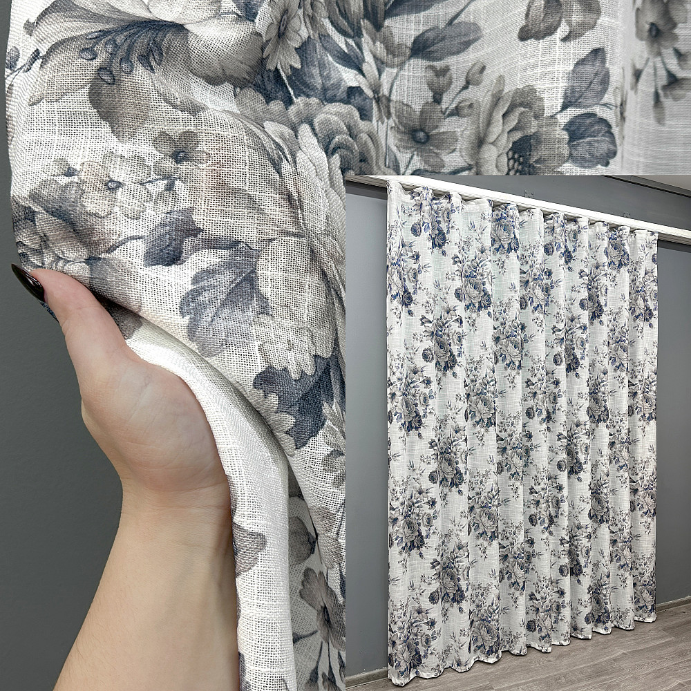 Тюль-штора VR-Textil 1864т Лен Белый с серо-синим 300х270 см (42-0831) Киев - изображение 1