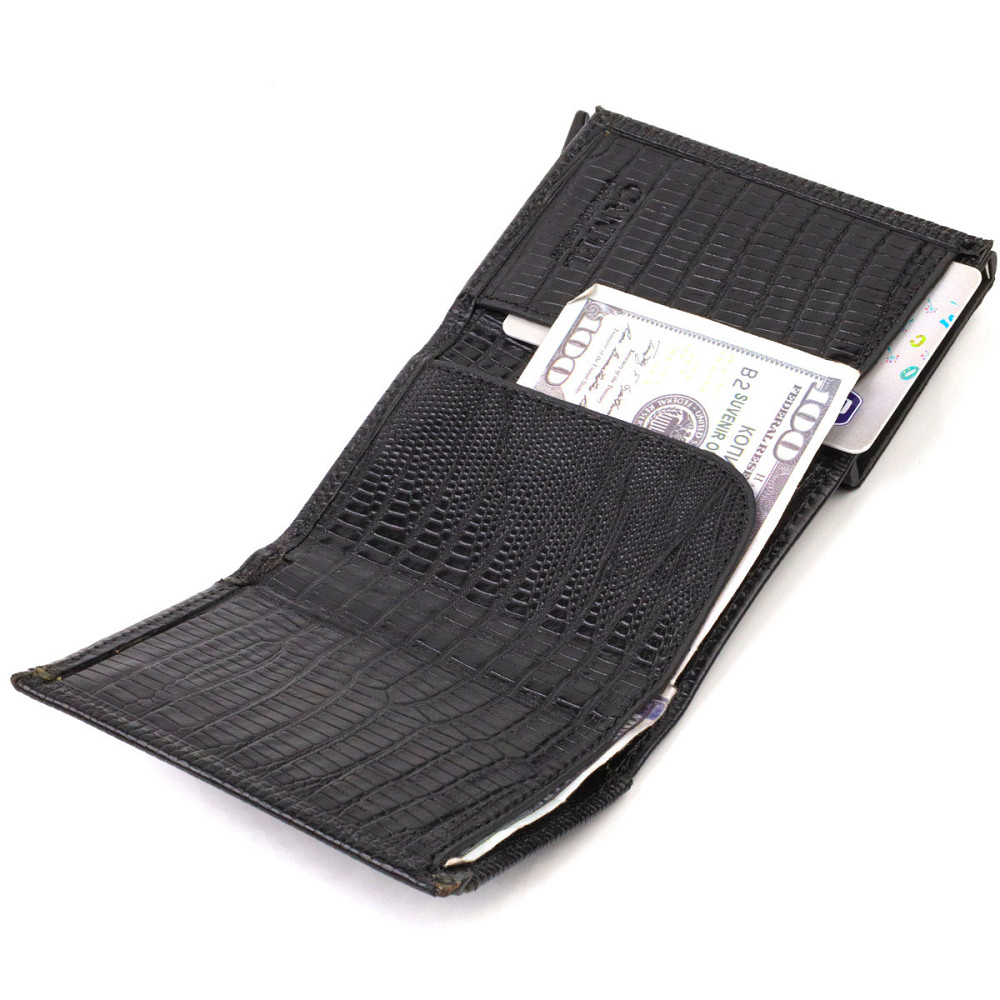 Фактурний картхолдер унісекс у три складання з автоматичним механізмом з натуральної шкіри з тисненням CANPELLINI 21931 Чорний Київ - фото 7