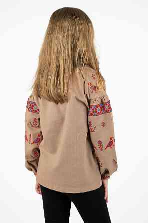 Вишиванка для дівчаток, кавова, лляна, з довгим рукавом, топ Київ