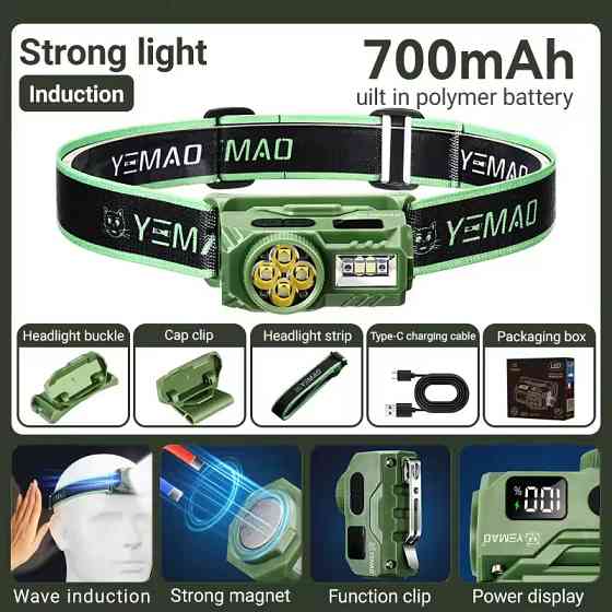 Налобний ліхтар YEMAO YM-T615, 500LM, (White+Red), Сенсор, ЗП Type-C Дніпро