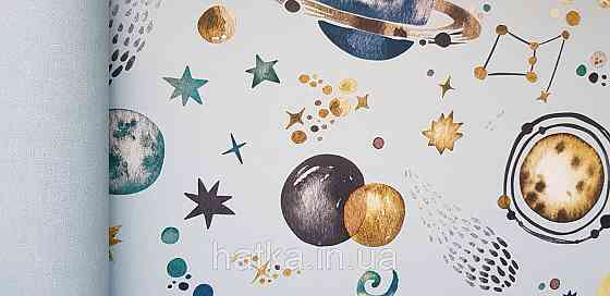 Шпалери флізелінові еко Rasch Kids World 0.53х10 дитячі планети сузір'я зірки метеорити на блакитному Київ