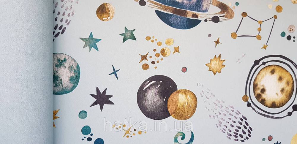 Шпалери флізелінові еко Rasch Kids World 0.53х10 дитячі планети сузір'я зірки метеорити на блакитному Київ - фото 3