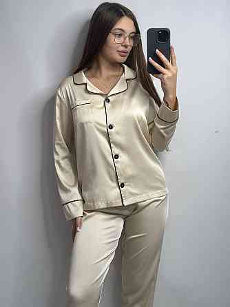 Комплект шовковий трійка сорочка з шортами і штанами Молочний XL Харків