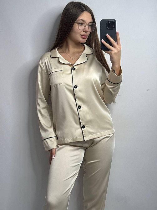 Комплект шовковий трійка сорочка з шортами і штанами Молочний XL Харків - фото 3