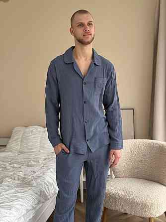 Мужской домашний костюм из муслиновой ткани на пуговицах Джинсовый M-L Харьков
