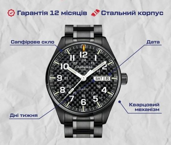 Годинник чоловічий наручний Carnival Black Jack (Чорні) Вінниця - фото 5