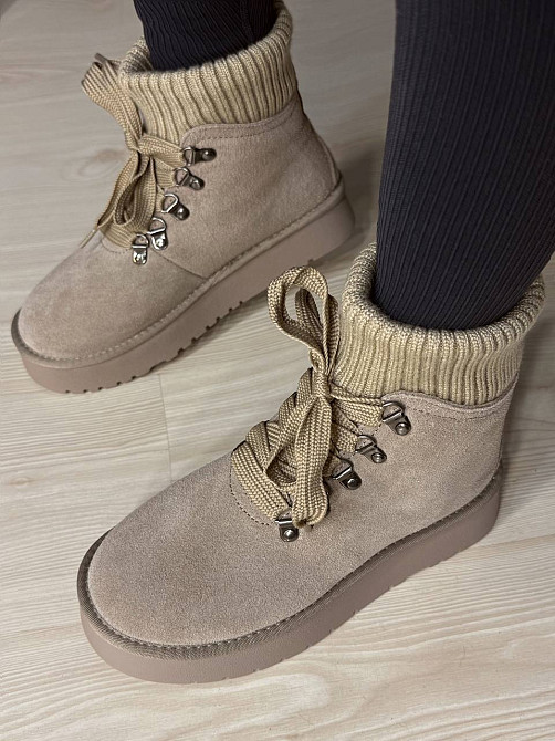 Уггі жіночі Hengji 007-3 замшеві шнурівка зі шкарпеткою бежеві, 37, 23,5 см Київ - фото 8