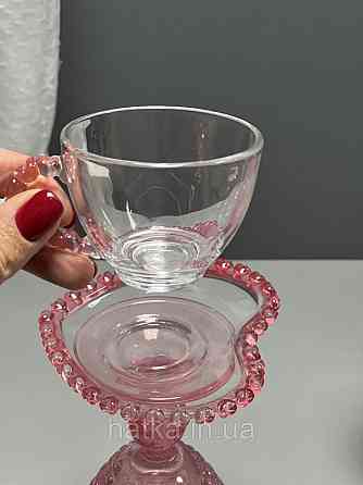 Чашка з блюдцем "Рожеве серце" для кави 100 мл, прозора з рожевим обідком у вигляді серця Київ