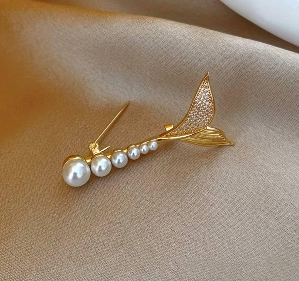 Брошь Рыбий хвост с жемчугом, элегантная брошь морской стиль, женская брошь на пиджак или пальто Киев - изображение 2