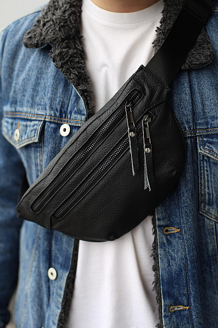 Бананка із натуральної шкіри, шкіряна сумка на пояс SKILL Two Line (Чорна) Суми - фото 5