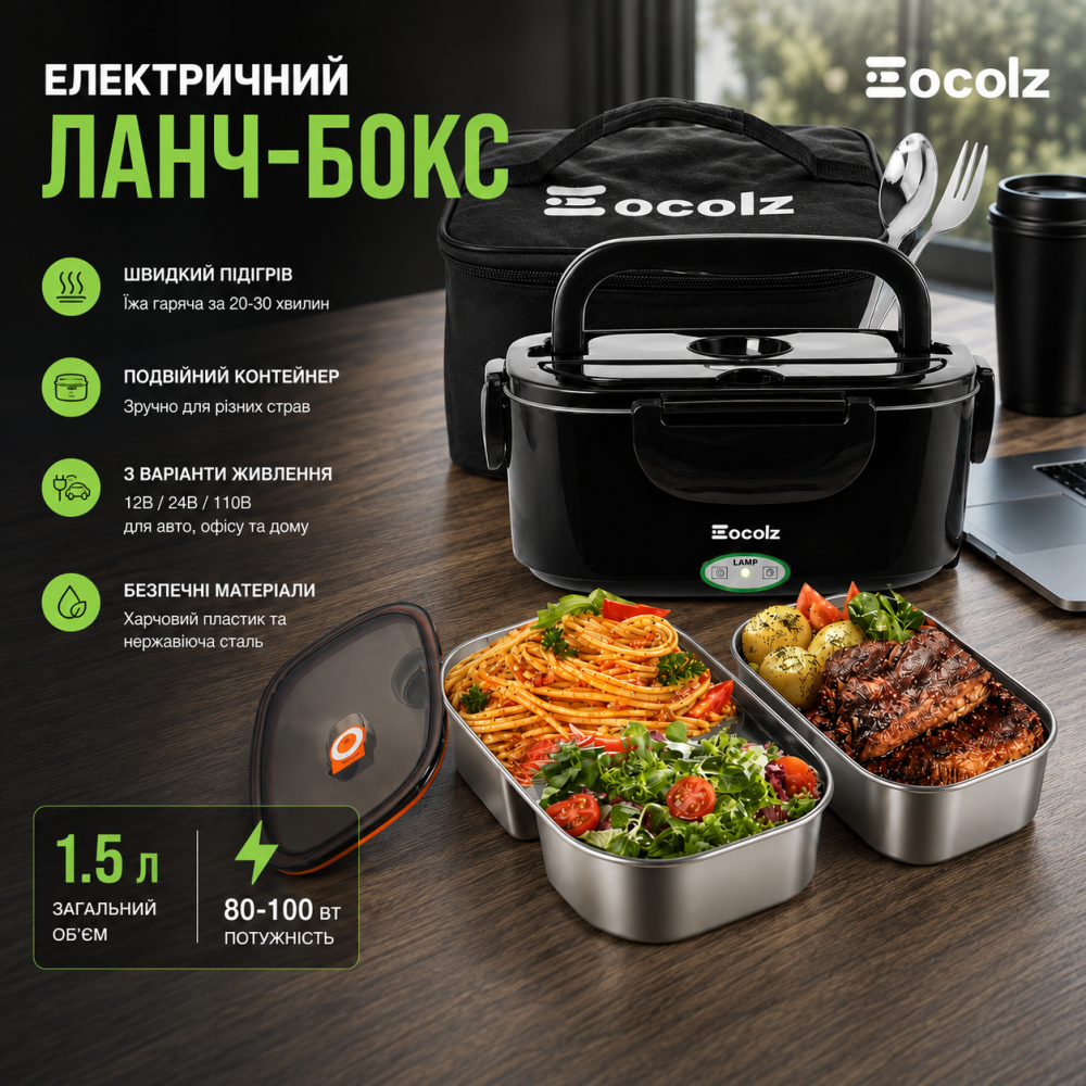 Уценка Электрический ланч-бокс Eocolz 1,5 л, подогрев еды 80–100 Вт, двойной\ контейнер, 12/24/110 В, для авто и работы Киев - изображение 1