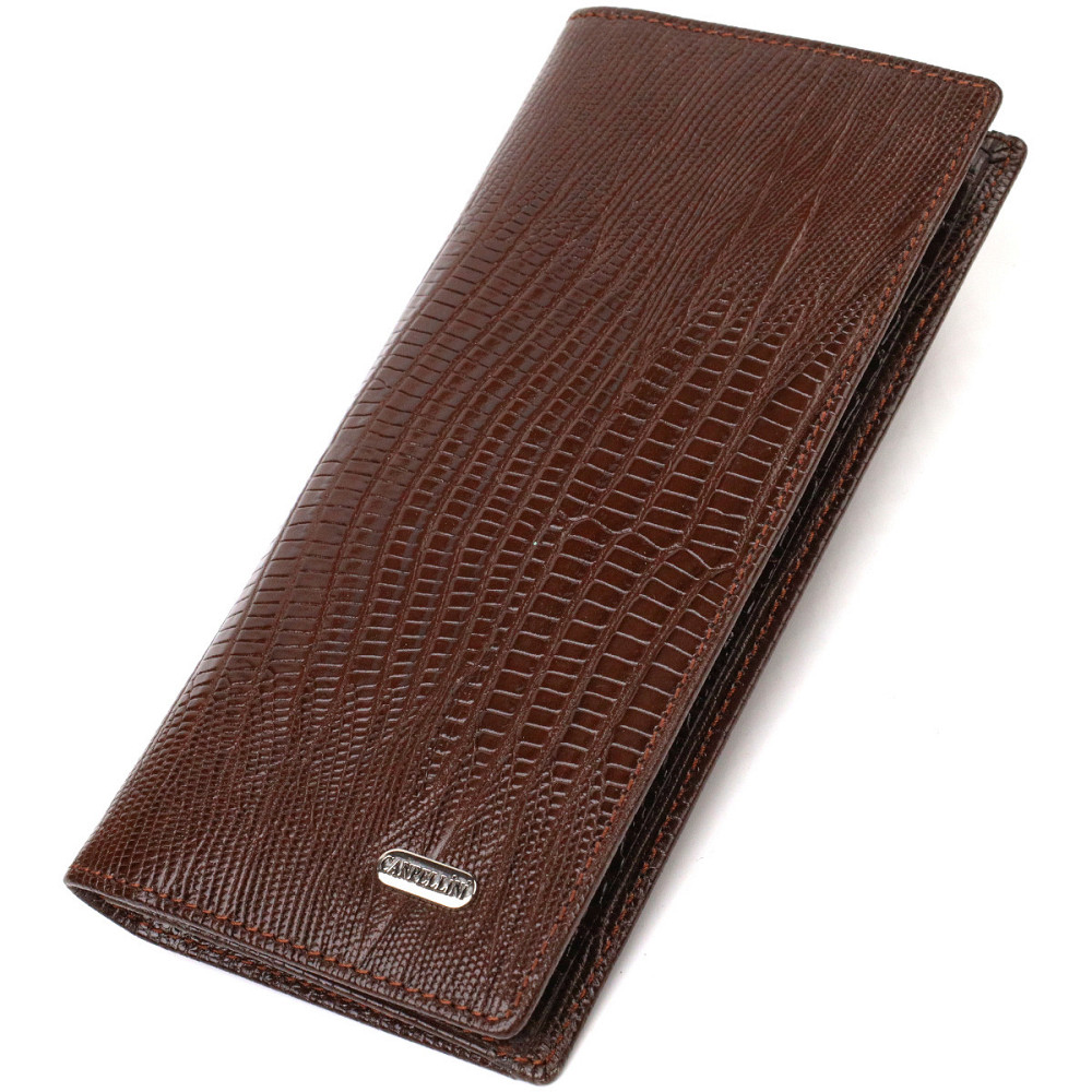 Фактурный мужской вертикальный бумажник без застежки из натуральной кожи с тиснением Коричневый (CANPELLINI) Киев - изображение 5