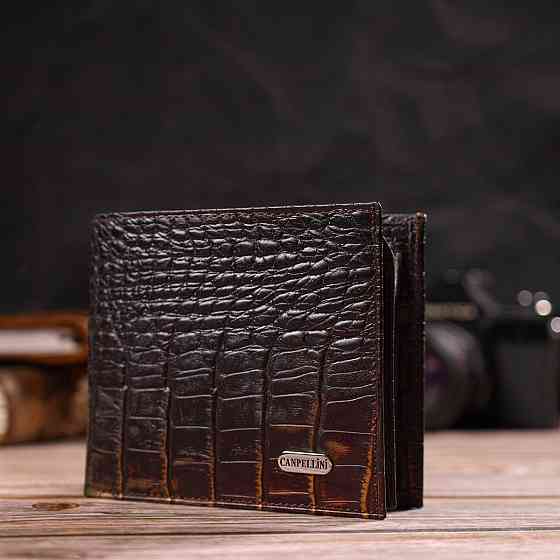 Оригінальне чоловіче портмоне з натуральної фактурної шкіри з тисненням під крокодила Темно-коричневе (CANPELLINI) Київ