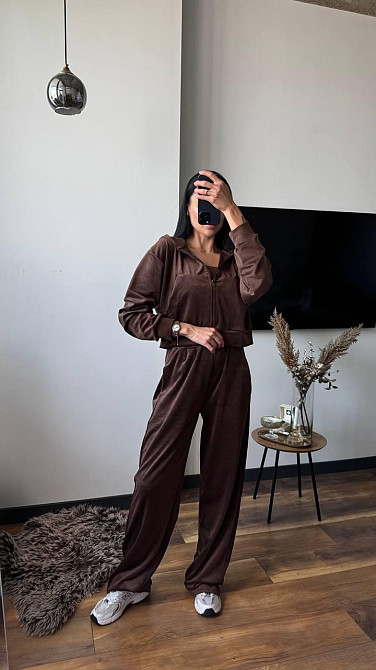 Жіночий плюшевий прогулянковий костюм-трійка: кофта топ і штани велюр Шоколад, 42/44 Одеса - фото 3