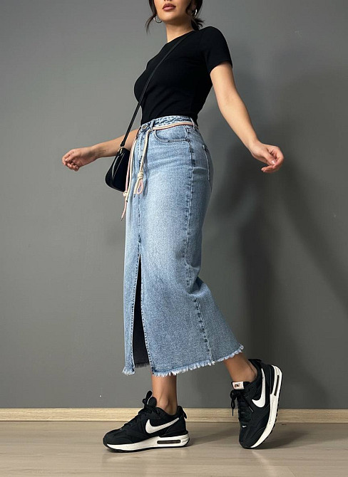 Женская юбка джинсовая Vanver 2032 длинная прямая с разрезом и поясом стрейчевая голубая, голубой, 31, 31, 85 см, 109 см Киев - изображение 1