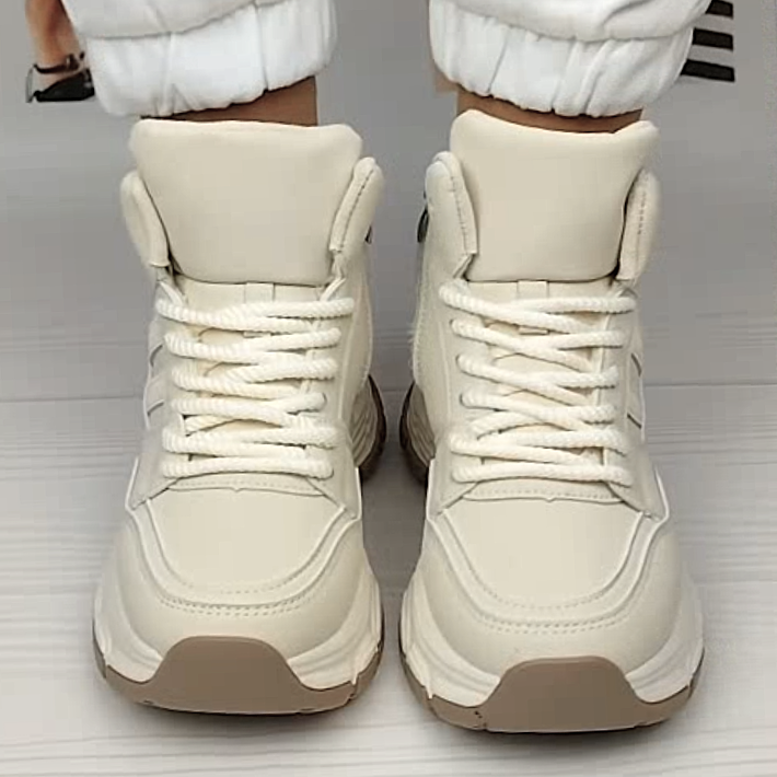 Жіночі зимові Бежеві Кросівки з МЕХОМ на Толстой Підошві Танкетке Ботинки Шкіряні Світлі (розміри: 36,37,38,39) - 8-4 Дніпро - фото 7