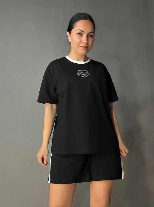 Костюм жіночий Saint Wish 385 футболка з шортами квітка камінці оверсайз чорний, чорний, 2XL Київ - фото 14