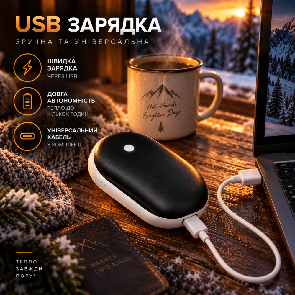 Акумуляторна грілка для рук, 3 режими нагріву 40/50/55°C, портативна кишенькова USB-грілка, чорна Київ - фото 4