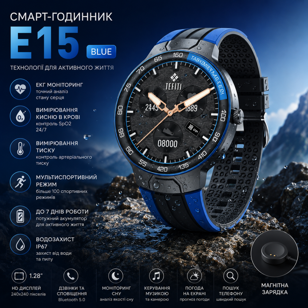 Смарт-годинник E15 (Blue), 1.28", ЕКГ, вимірювання тиску та кисню, мультиспортивний фітнес-трекер, магнітна зарядка Київ - фото 1