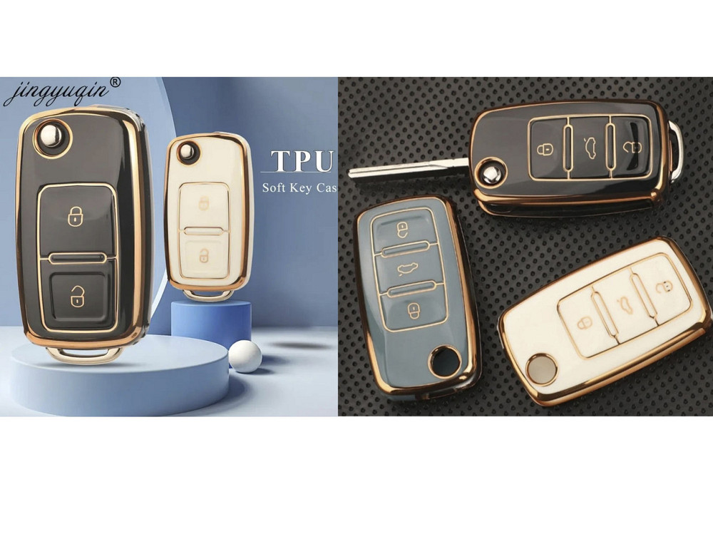 Захисний чохол для автомобільного ключа Volkswagen на 2 і 3 кнопки Білий із золотом на 3 кнопки Смела - изображение 2