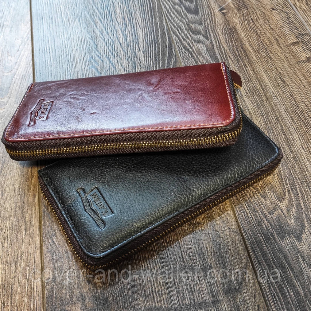 Недорогий чоловічий гаманець на блискавці з натуральної шкіри чорного кольору Wedis Київ - фото 6