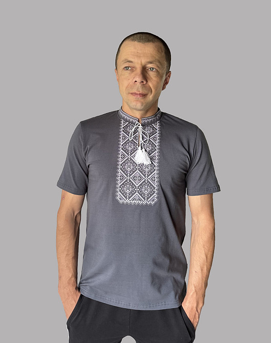 Чоловіча сіра футболка вишиванка із сіро-білим орнаментом із тризубом L Київ - фото 1