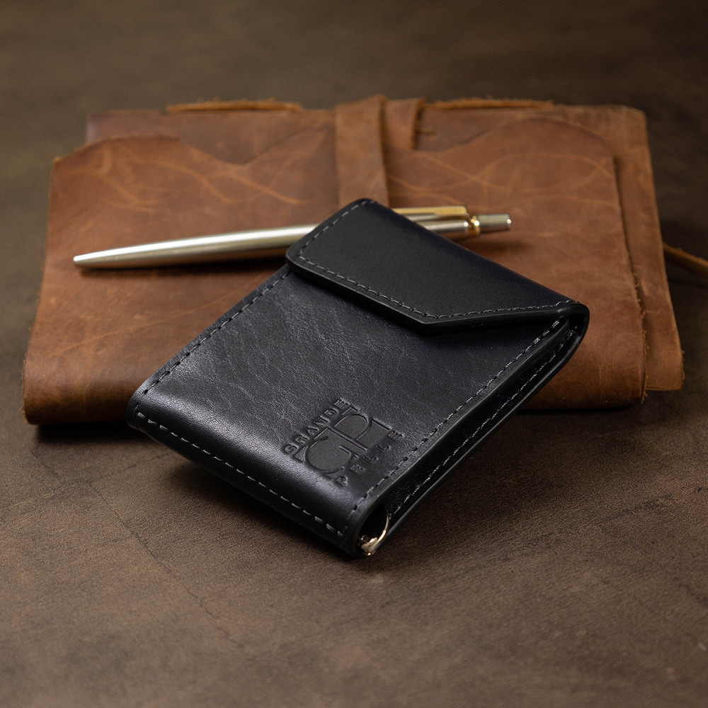 Шкіряний чоловічий затиск для грошей на магніті GRANDE PELLE 11546 Синій Київ - фото 9