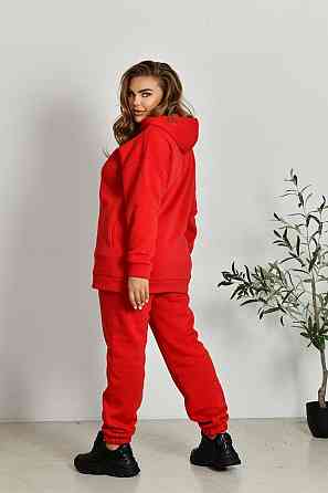 Женский прогулочный костюм: худи и штаны батал в спортивном стиле трехнитка на флисе Красный, 52/54 Одесса