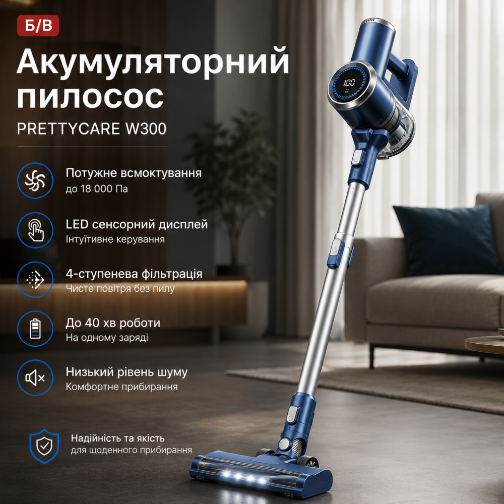 Акумуляторний пилосос PRETTYCARE W300 зі світлодіодним сенсорним дисплеєм, 4-ступеневою фільтрацією, Б/В Київ - фото 11